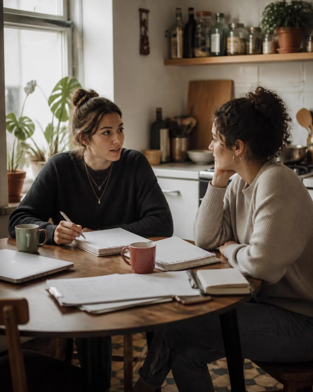 Two roommates working through a plan together at a kitchen table