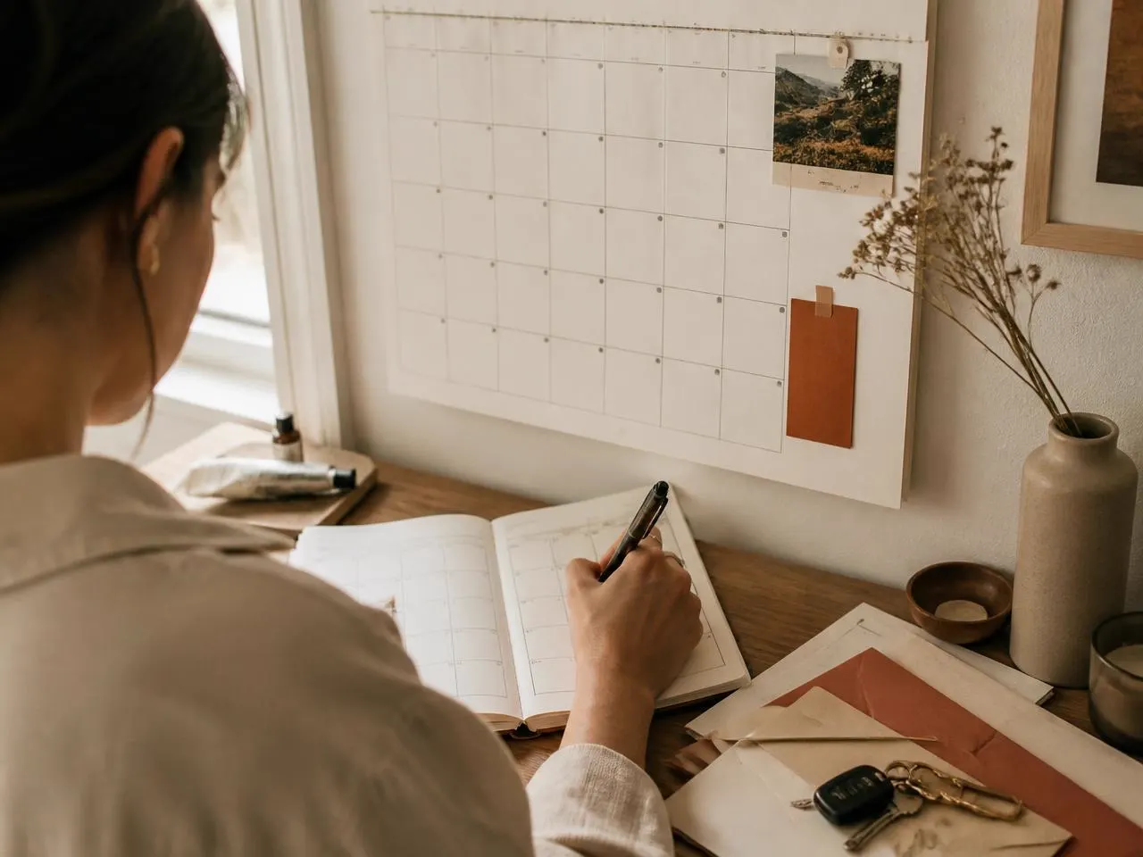 A wall calendar and paper planner on a desk with envelopes and keys