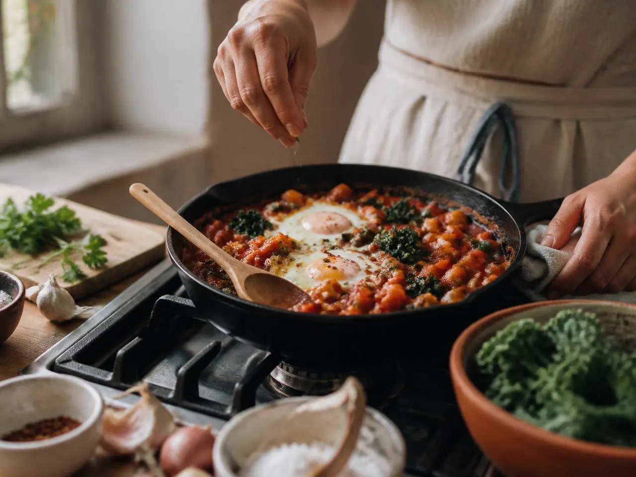 A simple home cooked meal finished in a cast iron pan on the stove