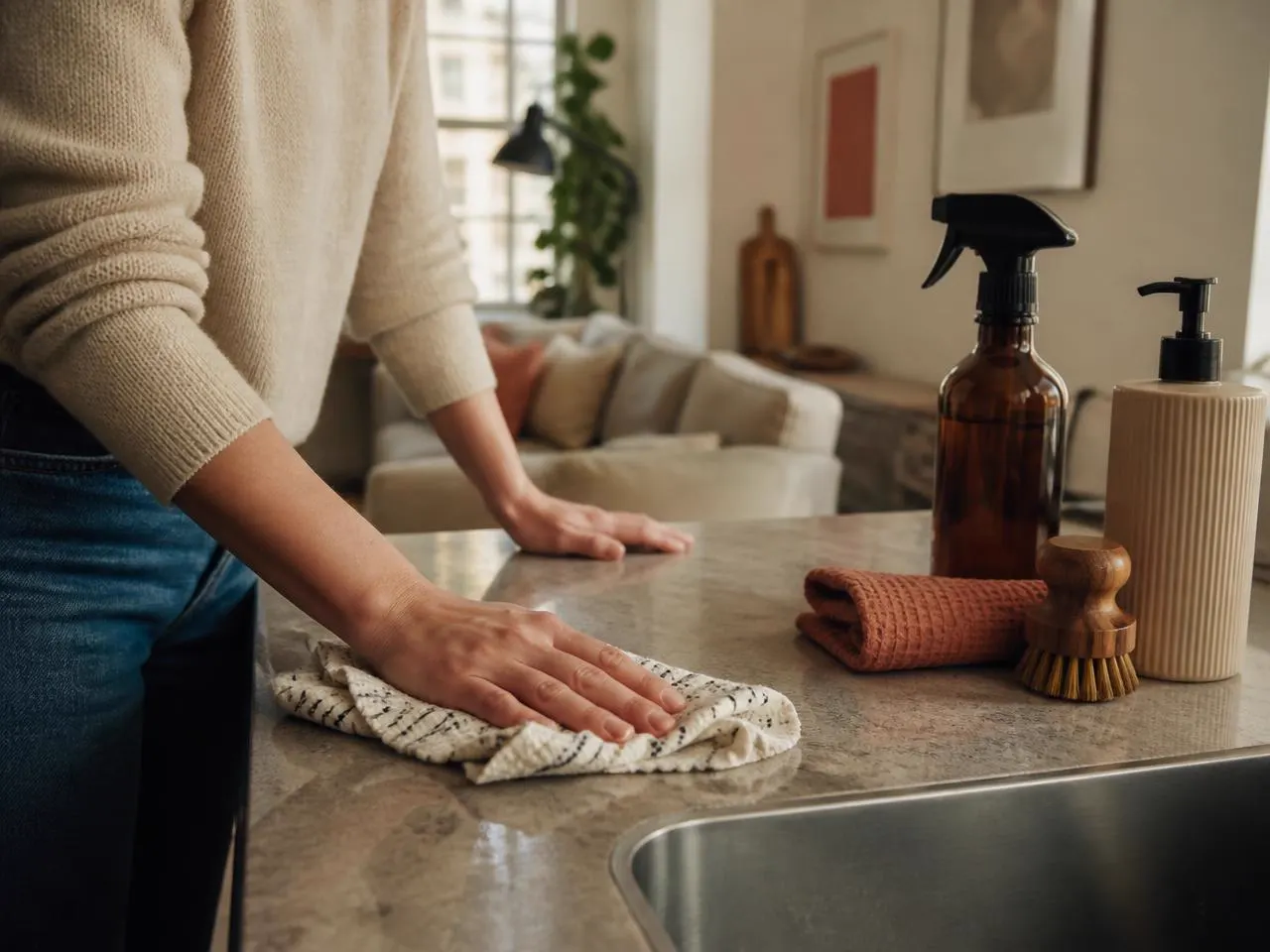 Hands wiping down a kitchen counter in a tidy apartment
