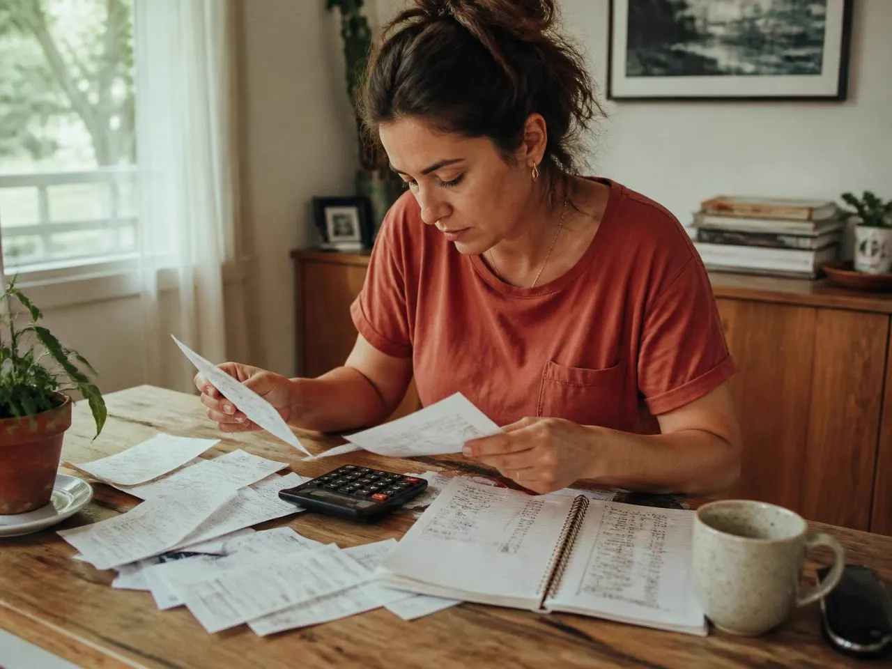 A person sorting bills and receipts beside a calculator and notebook