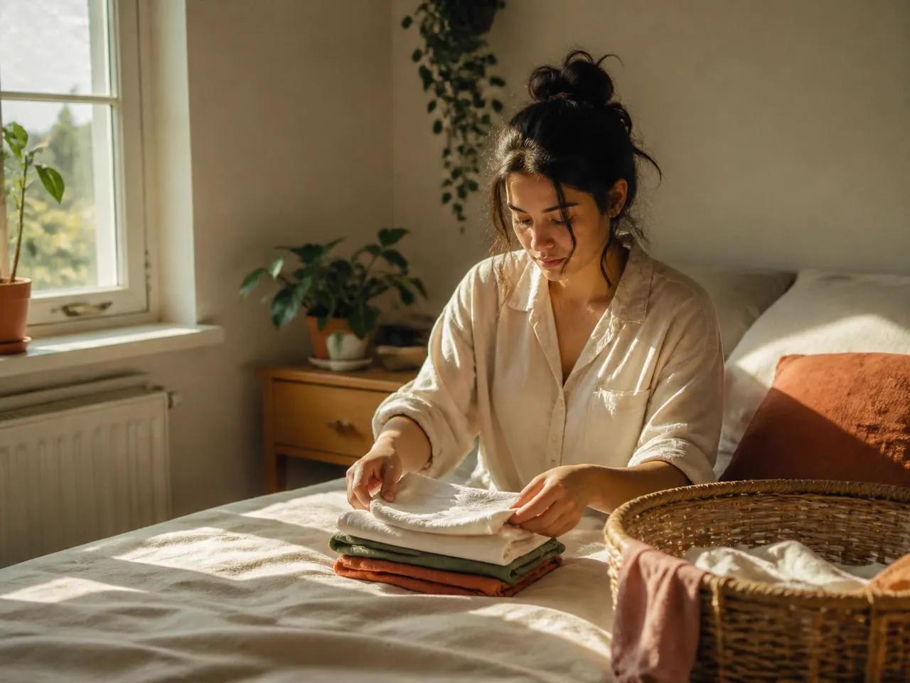 A young adult folding laundry in a sunlit bedroom