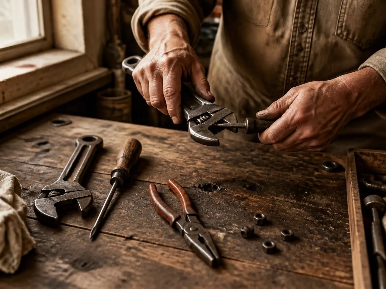 Hands using a wrench at a workbench laid out with hand tools