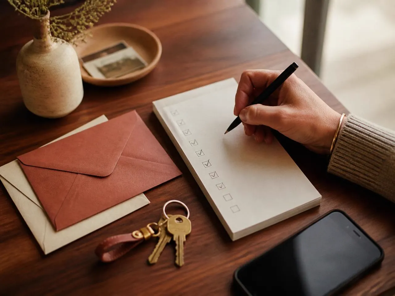 A hand ticking items off a checklist beside envelopes, keys and a phone