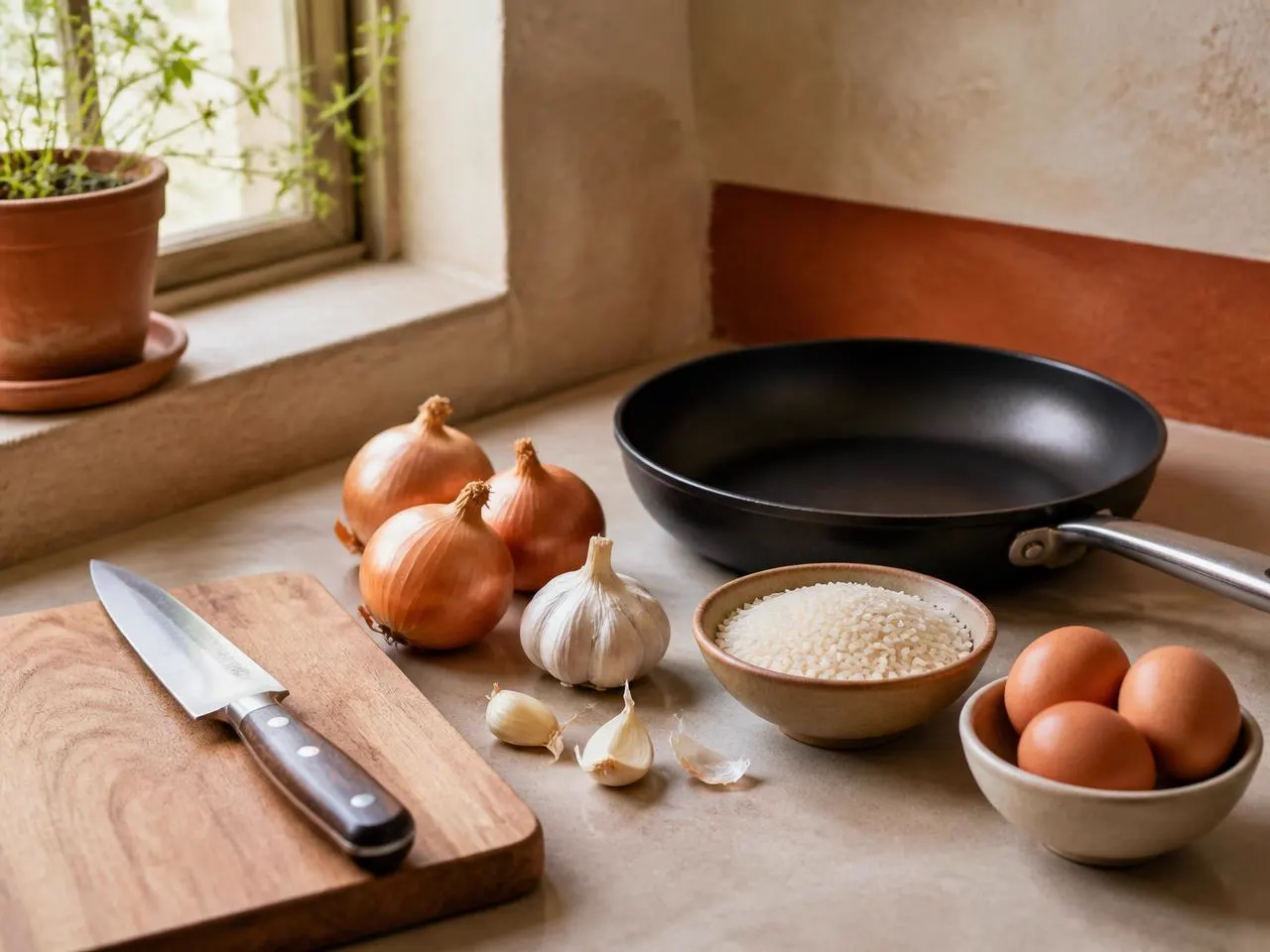 A beginner kitchen setup with one knife, one pan, onions, garlic, rice and eggs