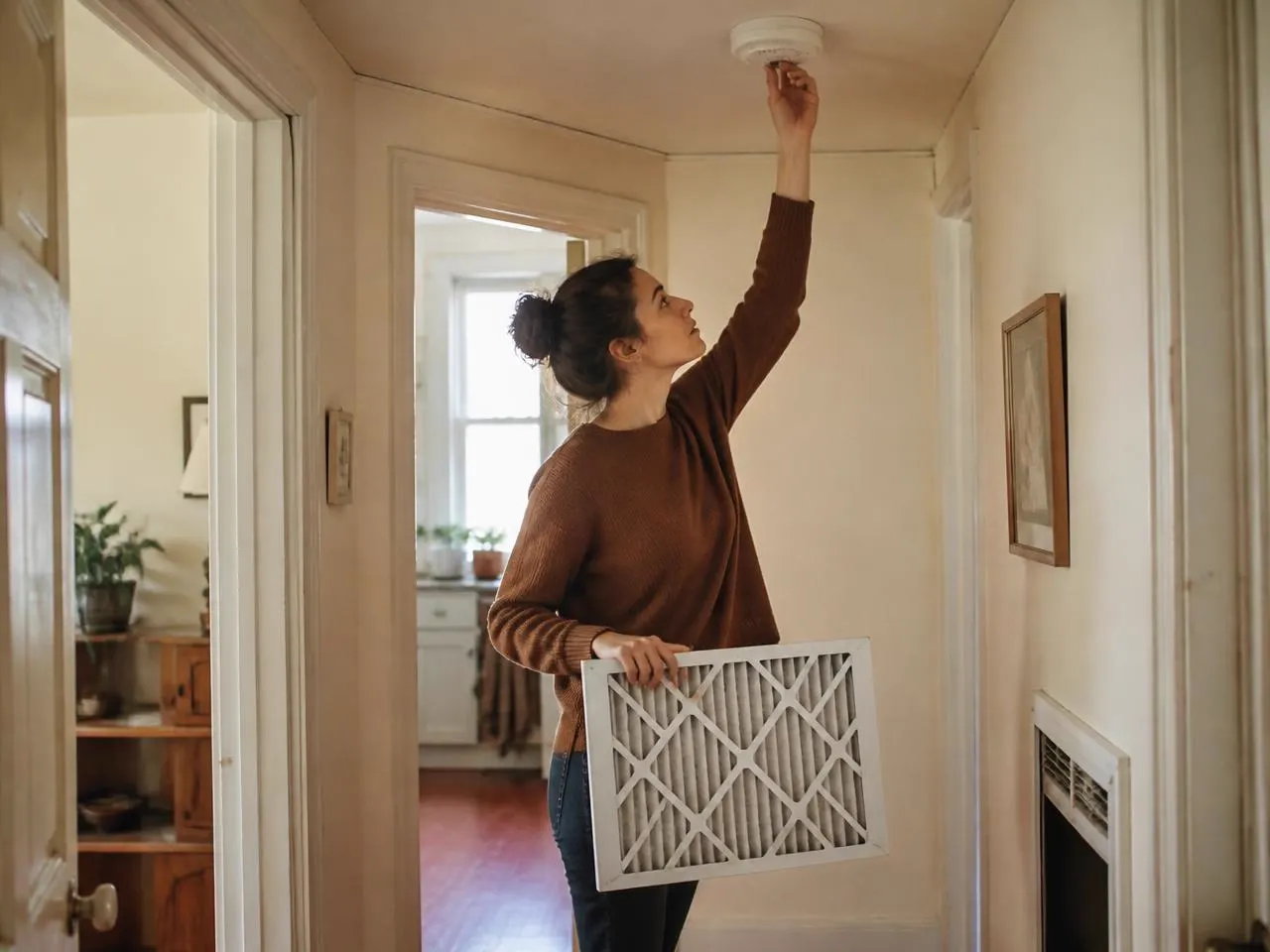 A person testing a smoke detector while holding a replacement furnace filter