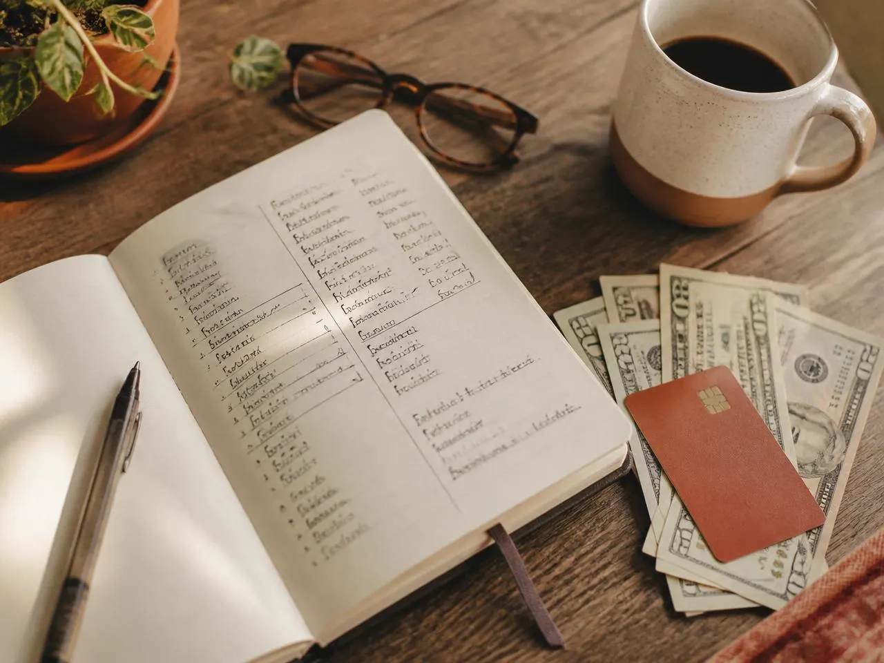 A handwritten budget in a notebook beside cash, a bank card and coffee