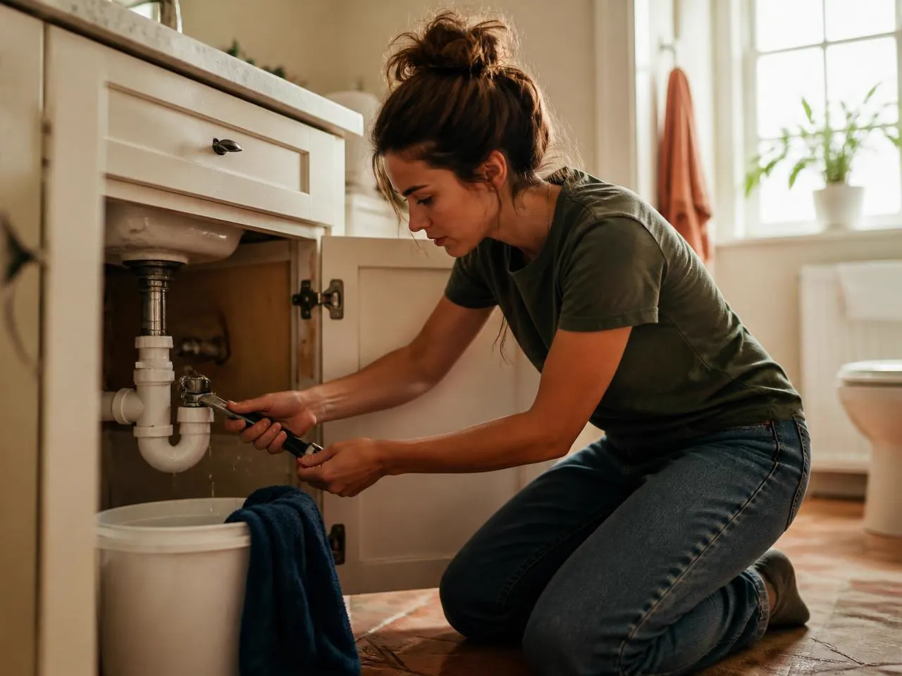 A young adult tightening a sink trap with a wrench under a bathroom cabinet