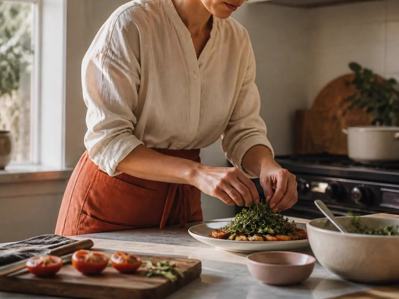 Confident hands plating a simple meal in a tidy kitchen