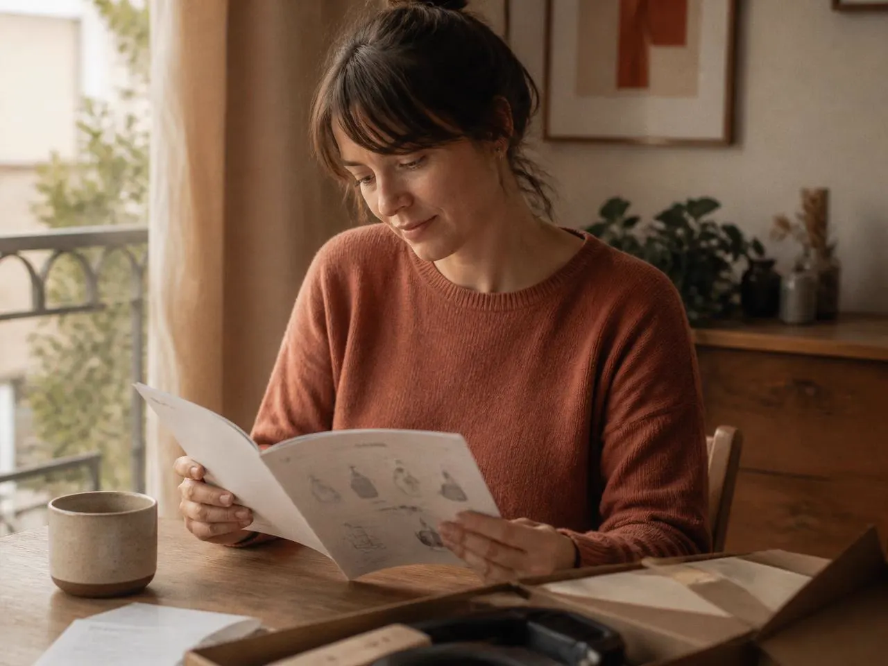 A person reading a printed instruction booklet at a table